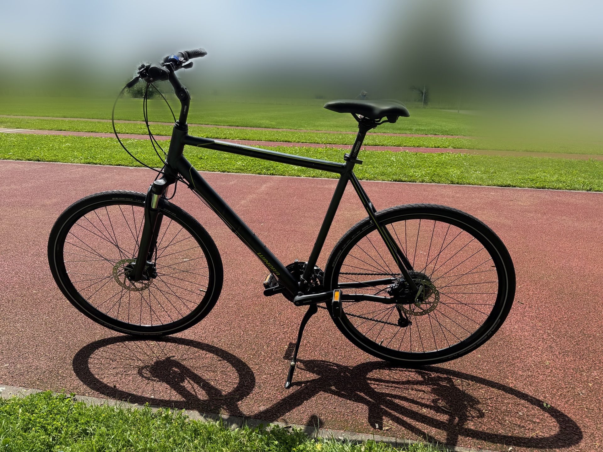 The bike without rack, mudguards or lights, standing on its kickstand beside a running track