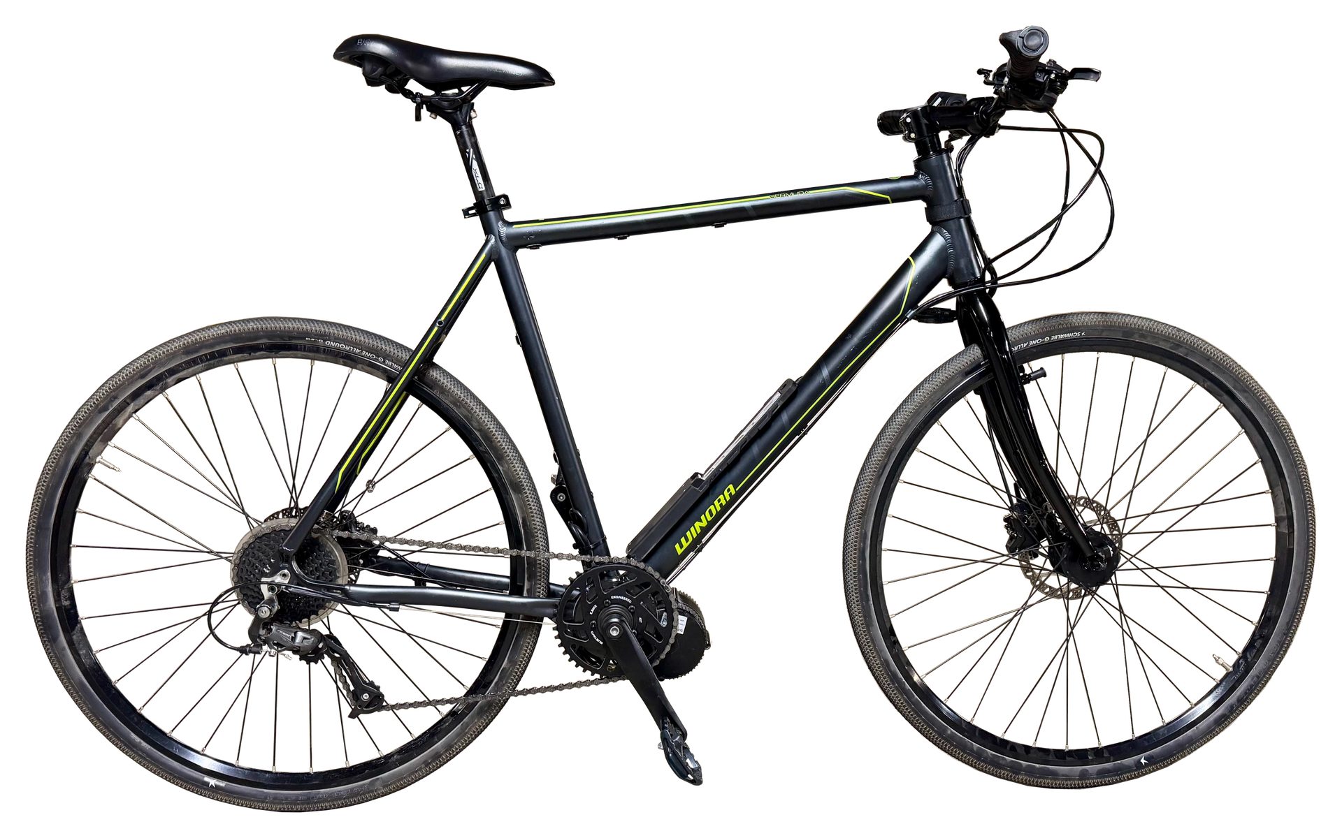The converted Winora Bermuda, cut out against the page, on its rigid Cr-Mo fork with the stem run angle-down